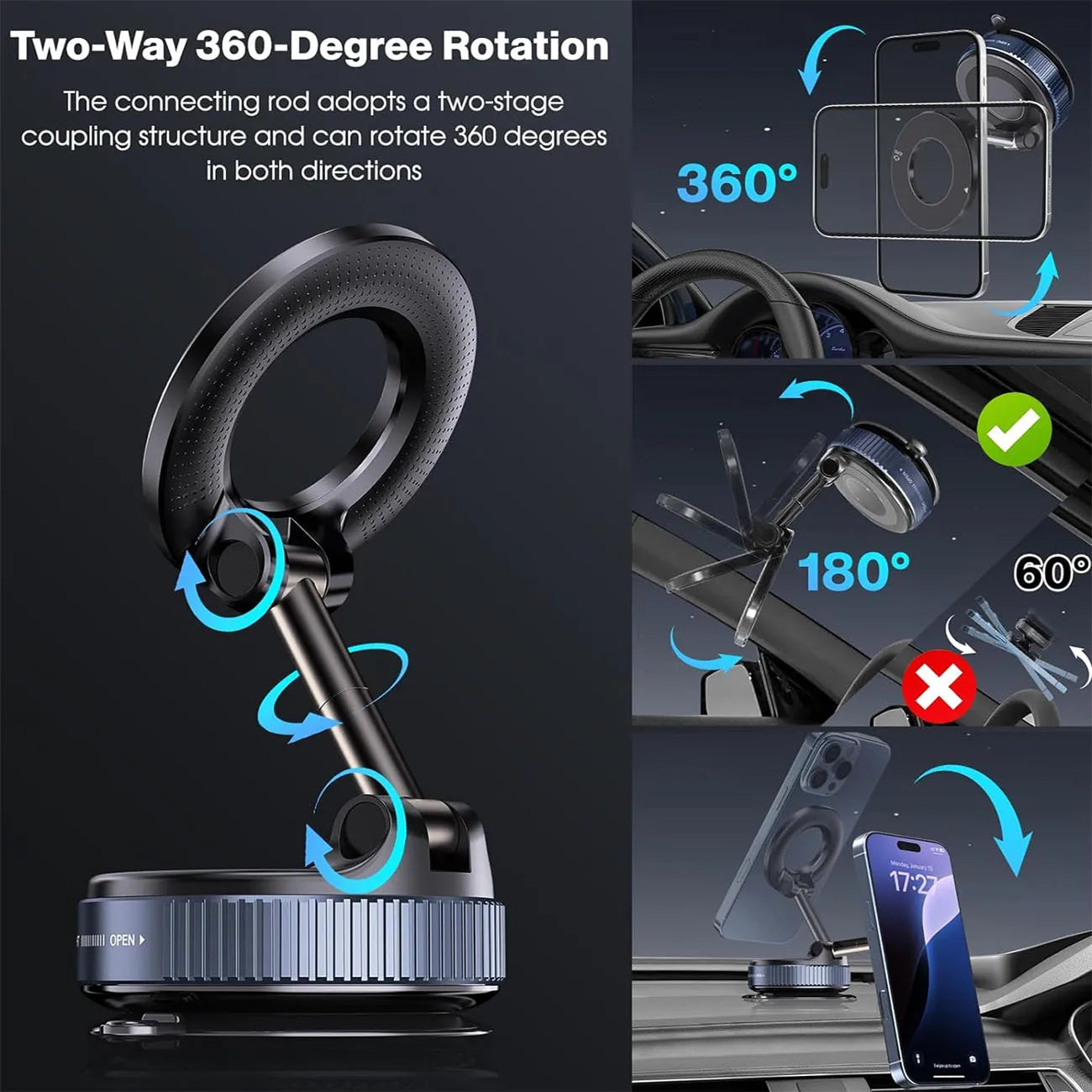 Universal Magnetic Car Phone Holder – 360°, Vacuum Suction Mount