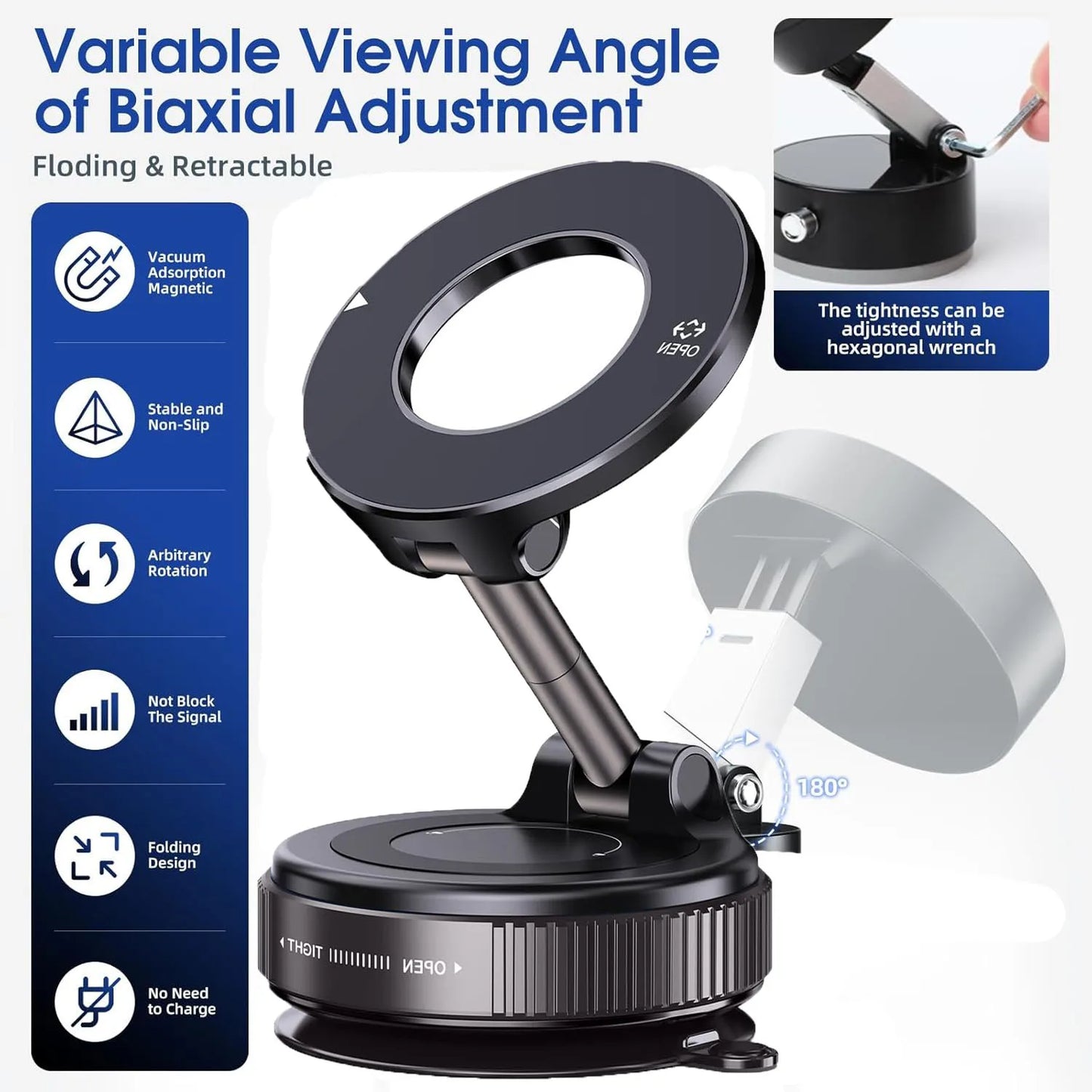 Universal Magnetic Car Phone Holder – 360°, Vacuum Suction Mount